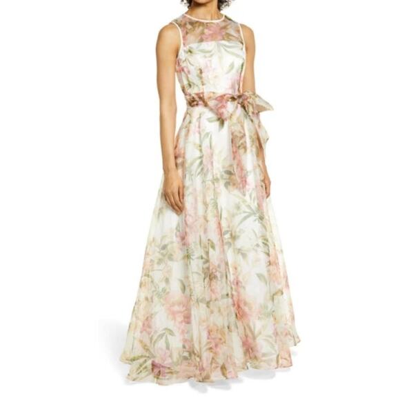 Eliza‎ J. Ivory Multi Floral Illusion Neck Belted Evening Dress Womens 6P NWT - Picture 16 of 16